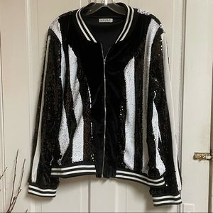 Adore black and white sequin and velour striped bomber jacket